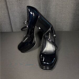 BCBGeneration Black Patent Platform Mary Jane Chunky Heels